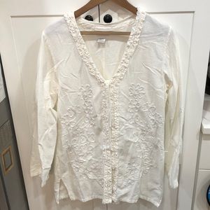 Soft Surroundings Embroidered Cotton White Long Sleeve Button Tunic Top Medium